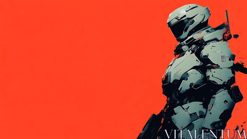 Armored sci fi soldier stands against stark red void