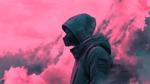 Hooded figure in gas mask stands amid neon magenta smoke