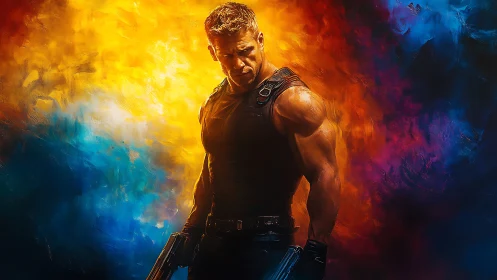 Muscular armed soldier stands against vivid abstract background