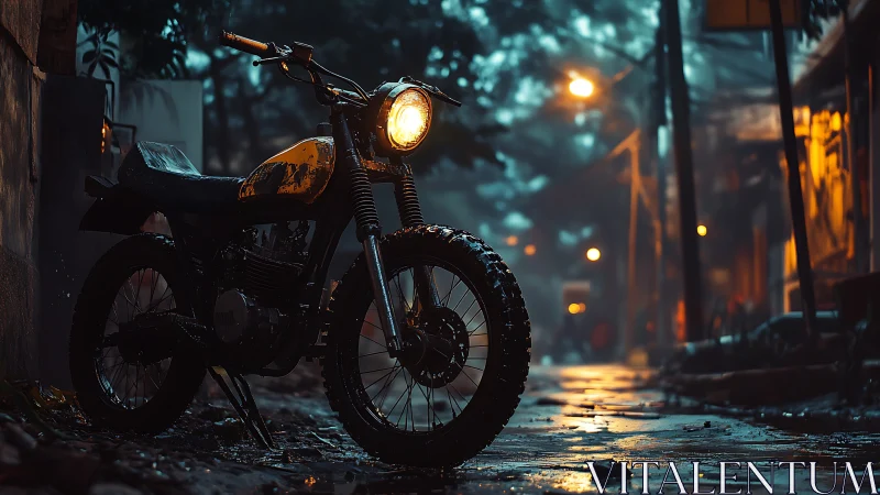 Night street motorcycle with cinematic wet asphalt reflections.