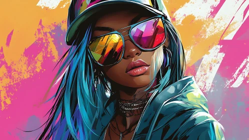 Neon street portrait shows cool woman in reflective shades