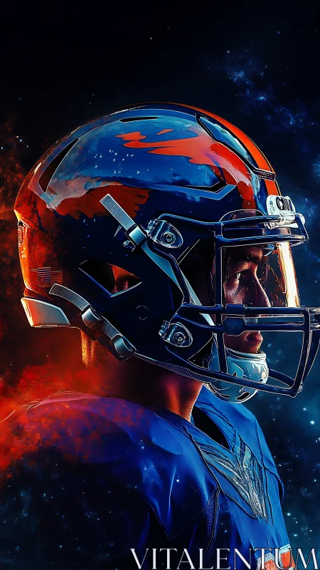 Futuristic football portrait with neon rim lighting and smoke.