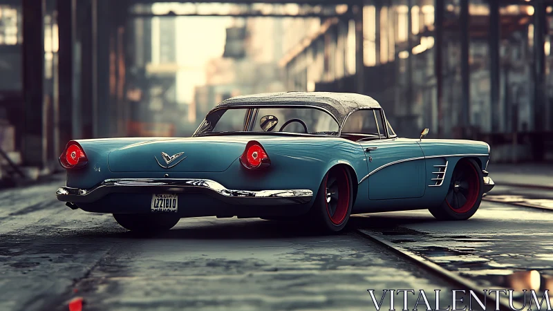 Vintage blue coupe parked on wet urban rail yard streets.