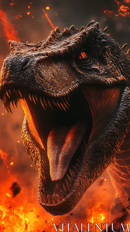 Roaring dinosaur head amid bright orange erupting flames.