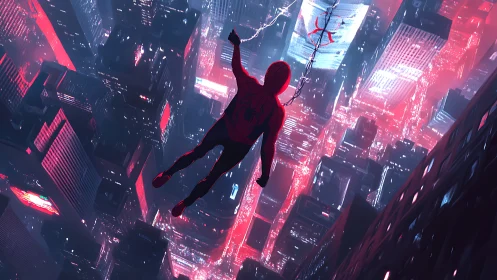 Neon web-swinger dives through electric crimson city skies.