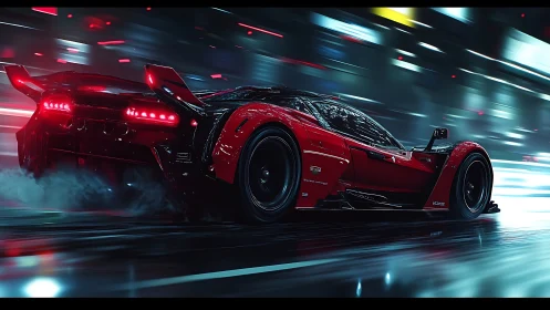 Midnight red supercar rockets through a neon drenched city street