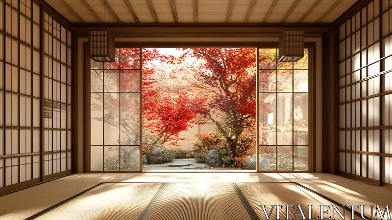 Tatami chamber with shoji-framed courtyard maple illumination.