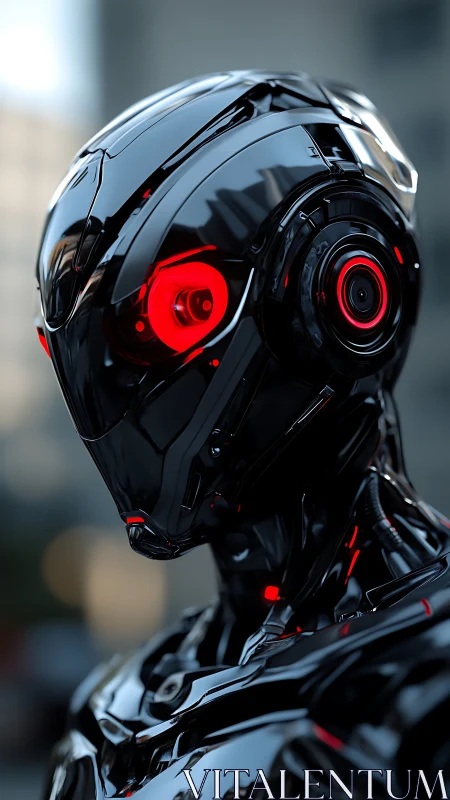 Sleek black android with glowing red eyes in soft city light.