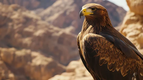 Majestic Golden Eagle in Sunlit Rocky Desert, Realistic Wildlife Photo.
