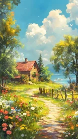 Sunlit country cottage overlooks a tranquil lakeside path