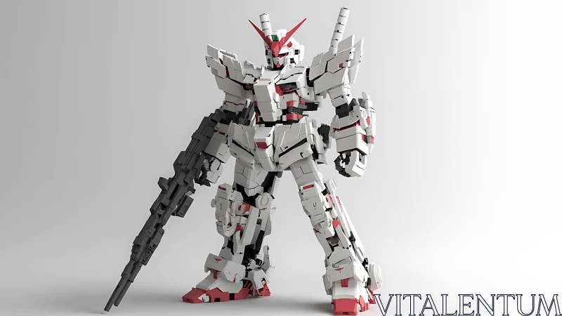 Friendly white mecha robot poised with bright red accents.