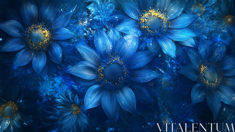 Midnight blue blossoms glow with gentle golden stardust