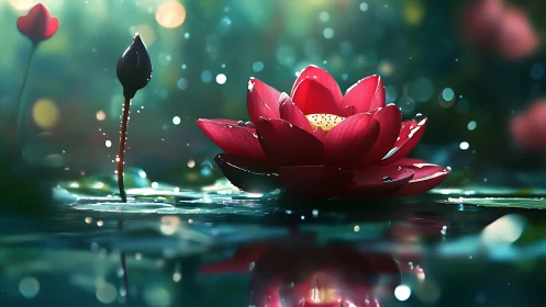 Red lotus bloom over reflective pond in dreamlike light.