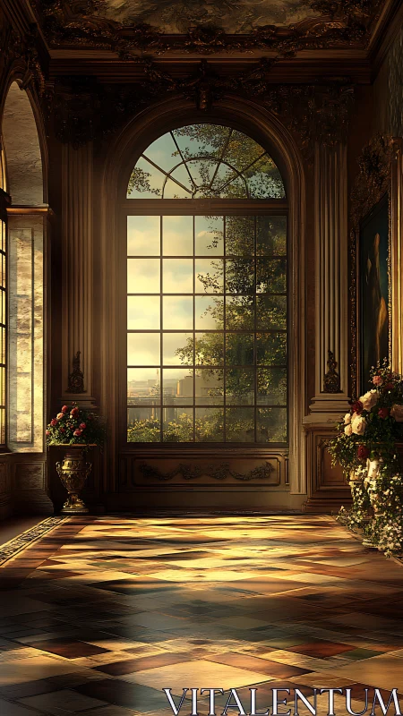 Golden-hour illumination defines ornate neoclassical window interior