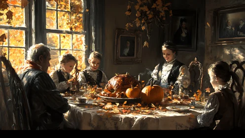Autumn family banquet glows under golden window light.