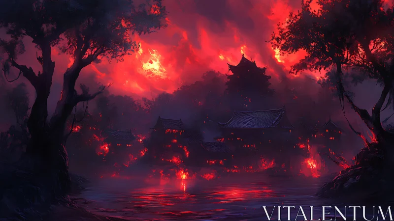 Infernal Asian Temple Landscape Bathed in Apocalyptic Firestorm
