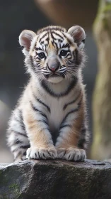 Tiger cub sits on rock in soft diffused forest light.