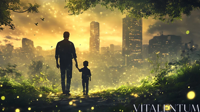Firefly-dusted twilight guides father and child toward tomorrow