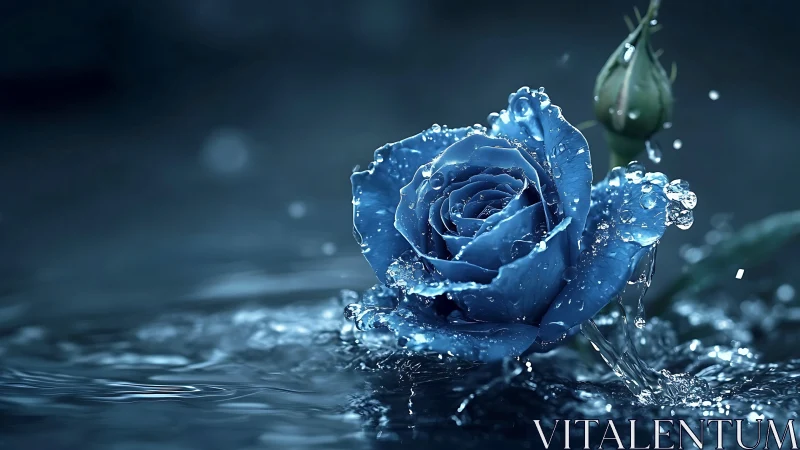 Midnight blue rose shatters raindrops in liquid slow motion