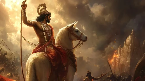 Warrior king on white warhorse commands burning battlefield