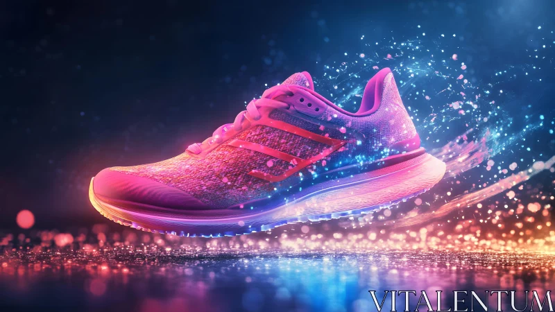 Vibrant Pink Running Shoe in Dynamic Neon Light Digital Art.