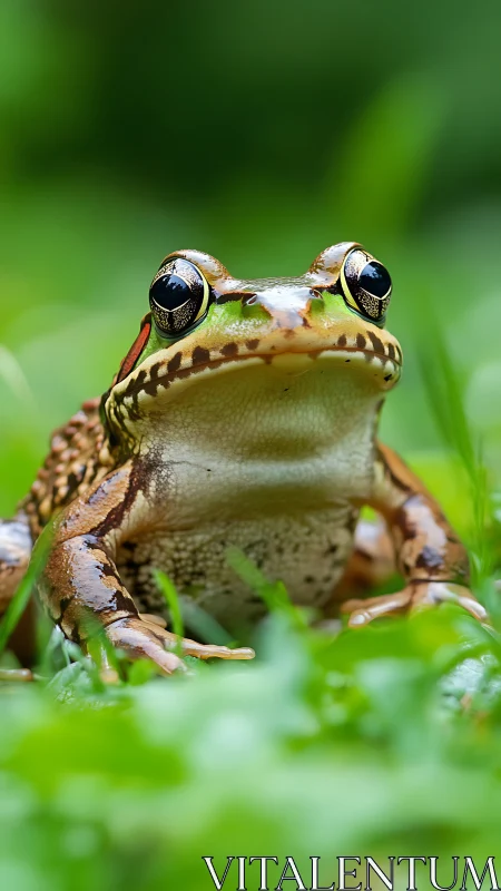 Macro frog portrait in lush green forest floor habitat.
