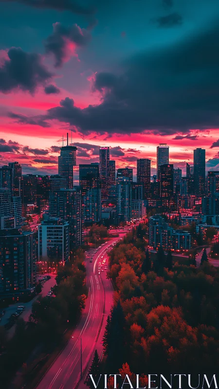 Neon lit city skyline under saturated cyan and magenta sky