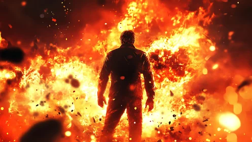 Silhouette standing amid explosive inferno