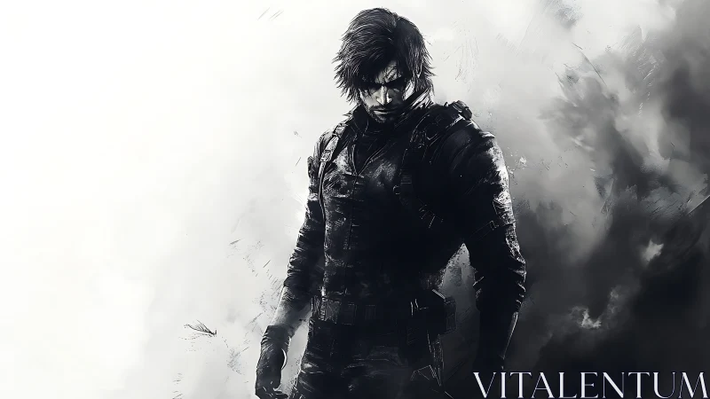 Brooding tactical soldier in monochrome digital artwork.