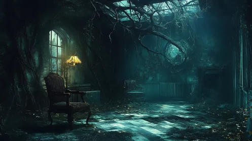 Moody abandoned parlor gently reclaimed by tangled nature.