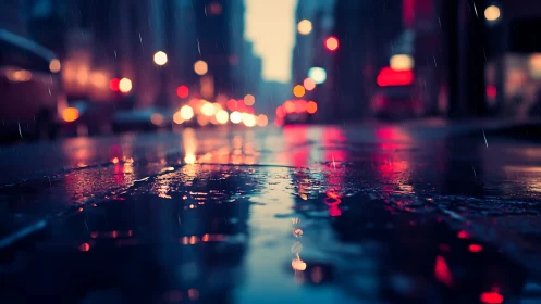 Rain-soaked city street glows with neon reflections at dusk