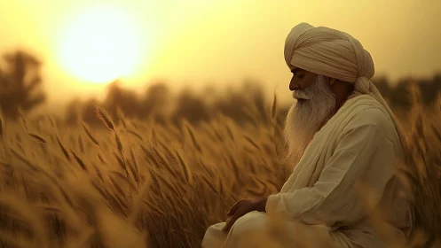 Elder meditates in golden wheat field under warm sunset glow