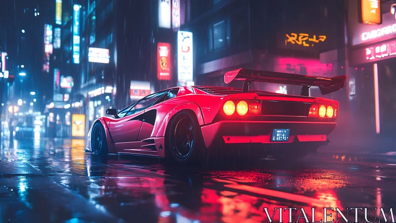 Retro supercar glows in neon soaked cyberpunk city rain.