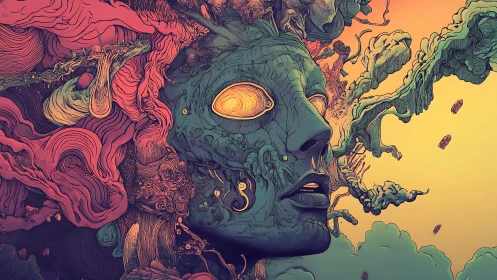 Psychedelic cosmic visage dissolving into swirling roots.