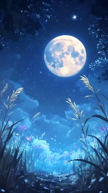 Moon dominates night sky above stylized blue meadow
