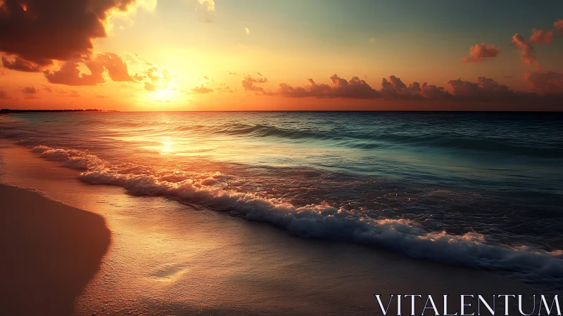 Golden coastal sunset with reflective surf and soft clouds.