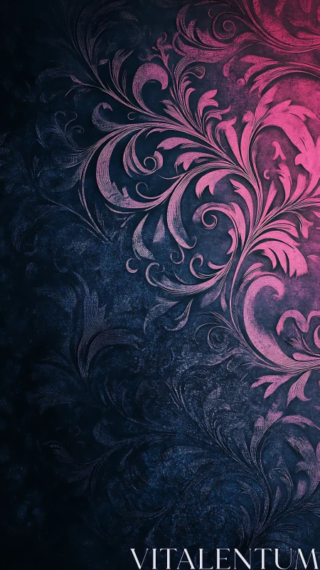 Floral scrollwork emerges in neon magenta over dark grunge field