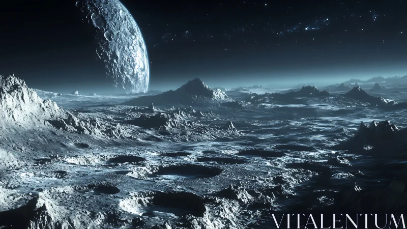 Frozen alien moon landscape under looming blue planet.