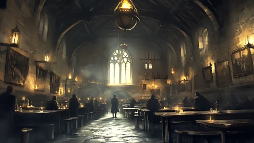 Medieval banquet hall interior with moody volumetric candlelight.