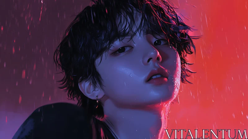 Neon backlit portrait renders wet skin with cinematic precision