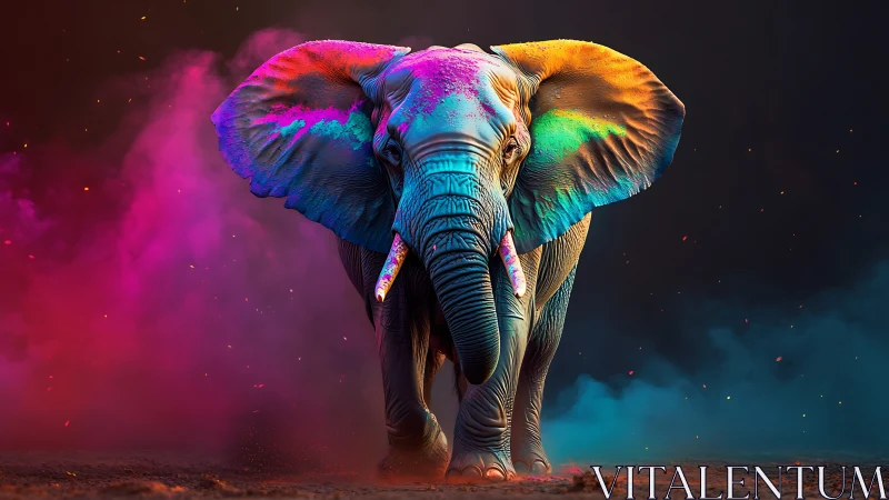Colorful digital elephant emerging through neon mist.