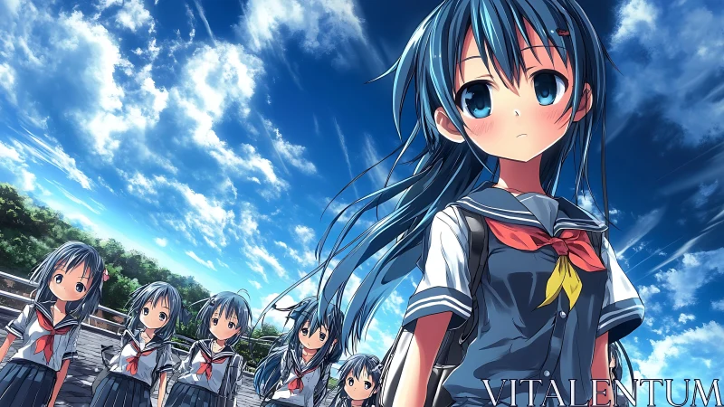 Multiple uniformed schoolgirls stand outdoors under blue sky