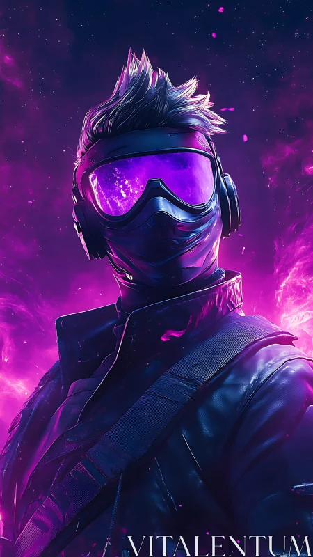 Neon space rogue gazes ahead in radiant violet glow