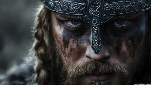 Battle-marked viking glare beneath rune-silver war helm.