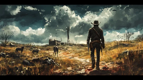 Lone gunslinger crossing windswept prairie toward homestead.