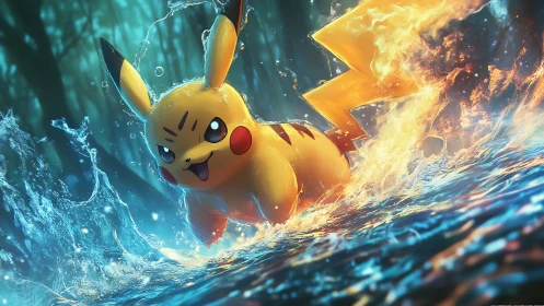 Dynamic Pikachu rendered in high-energy water and fire interaction