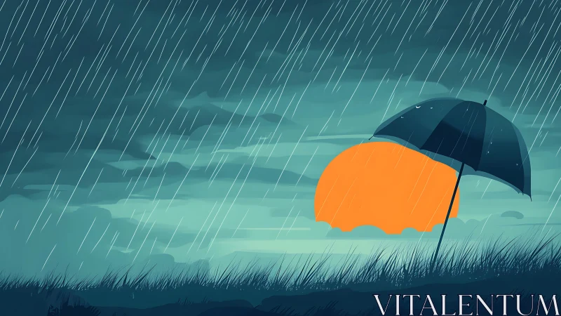 Umbrella stands in rain before large orange setting sun