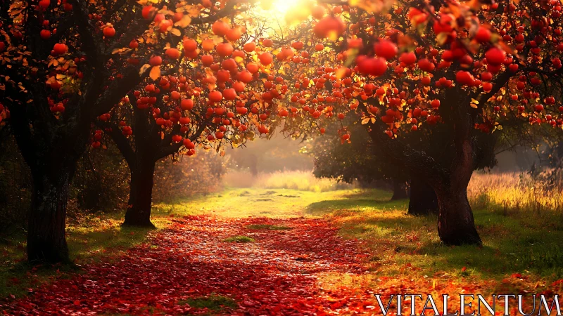 Sunlit orchard path glows beneath heavy autumn fruit