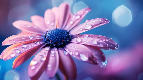 Macro daisy petals with dewdrops in neon bokeh light.