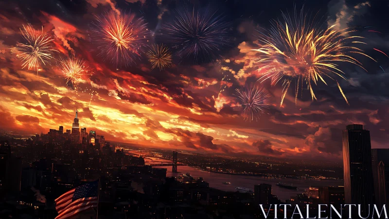 Fireworks ignite dramatic sunset skyline over river city.